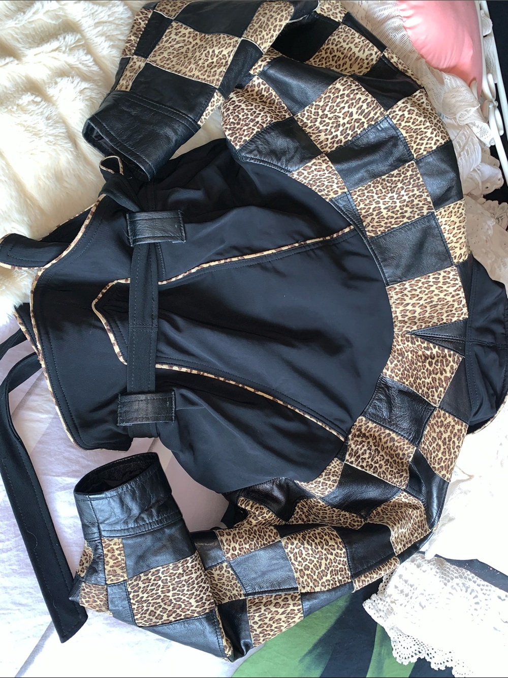 Unique Vintage 80s leopard animal print genuine suede leather wrap jacket L - Picture 10 of 16